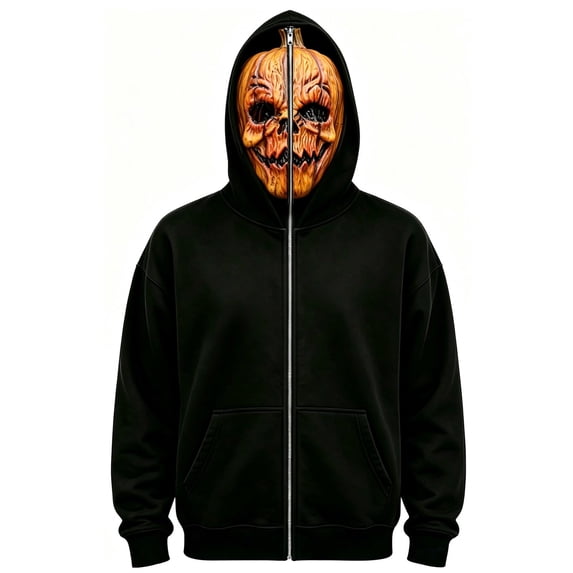 Norvella Mens Halloween Hoodie Pumpkin Face Mask Full Zip Long Sleeve Sweatshirt Kangaroo Pocket Relaxed Fit Jacket