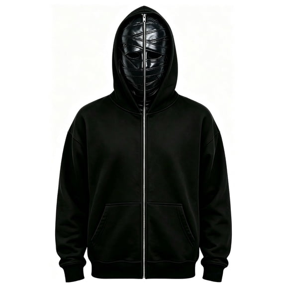 Norvella Mens Halloween Hoodies Metal Mask Hood Full Zip Long Sleeve Hooded Sweatshirt Kangaroo Pocket Regular Fit Casual Jacket