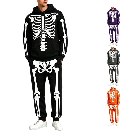 Norvella Mens Halloween Outfit Sets 2 Piece Skeleton Print Hooded Long Sleeve Pullover Sweatshirts Drawstring Jogger Pants