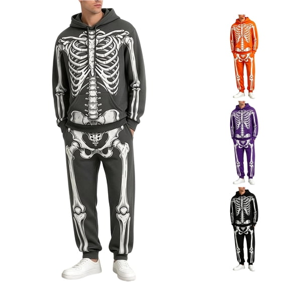 Norvella Mens Halloween Outfit Sets 2 Piece Skeleton Print Long Sleeve Hooded Pullover Sweatshirts Drawstring Jogger Pants