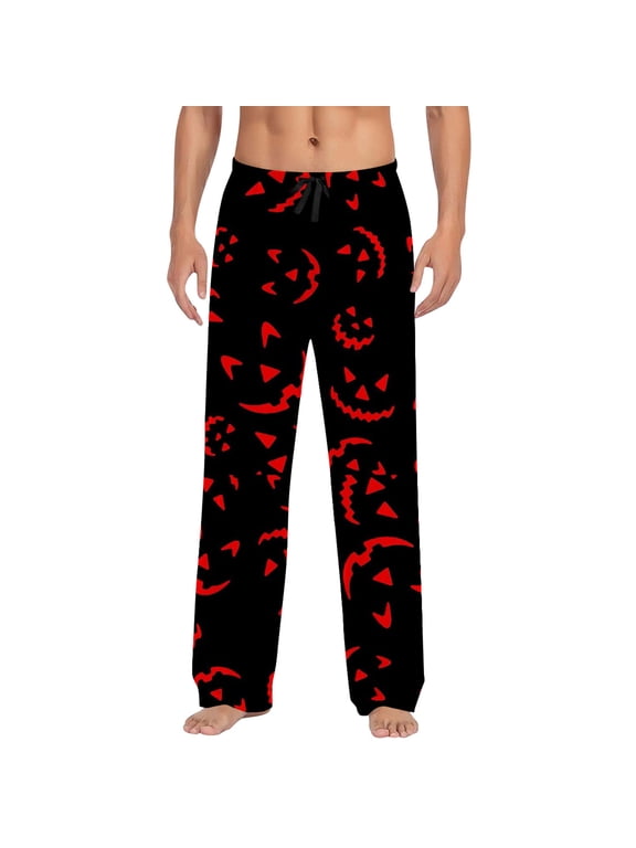 Mens Halloween Pajama Pants Jack O Lantern Print Drawstring Elastic Waist Straight Leg Full Length With Pockets Sleep Trousers Lounge Bottoms