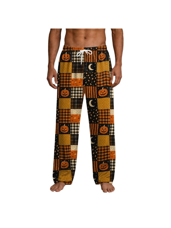 Mens Halloween Pants Jack O Lantern Checkered Print Elastic Waist Pajamas Drawcord Loose Fit Open Bottom Lounge Trousers