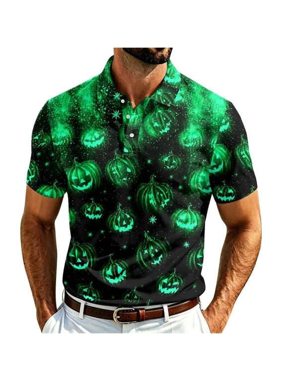 Mens Halloween Polo Shirts Jack O Lantern Print Crewneck Short Sleeve Collared Tops Casual Relaxed Fit Costume Party Trick Or Treat Golf
