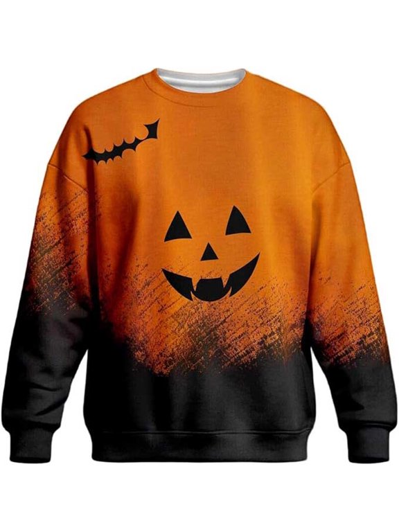 Mens Halloween Pullover Smiling Jack O Lantern Design Plus Size Sweatshirt Long Sleeve Ribbed Hem Ombre Casual Top