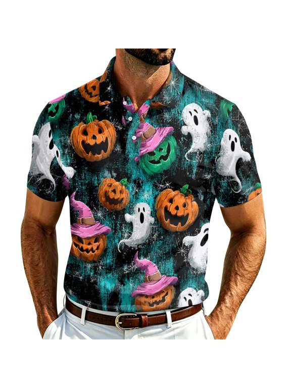 Mens Halloween Shirt Jack O Lantern Ghost Pattern Short Sleeve Polo Hat Detail Button Placket Relaxed Collared Top