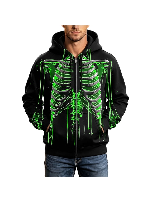 Mens Halloween Sweatshirt Skeleton Rib Cage Graphic Long Sleeve Zip Up Hooded Top Drawstring Neck Banded Trim Costume Jacket
