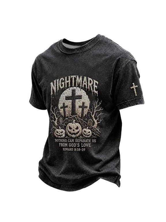 Mens Halloween Tee Jack O Lantern Graveyard Print T Shirt Crew Neck Short Sleeves Nightmare Letter Graphic Casual Top
