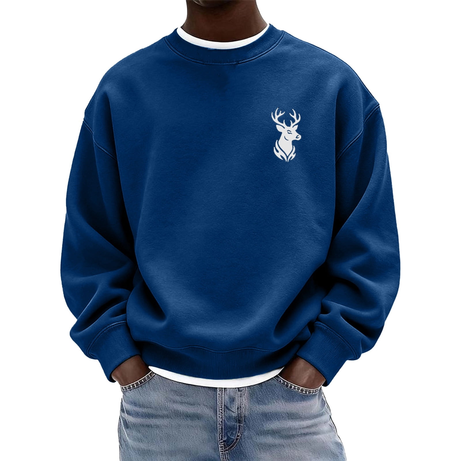 Norvella Mens Stag Graphic Pullover Deer Head Print Round Neck Long ...