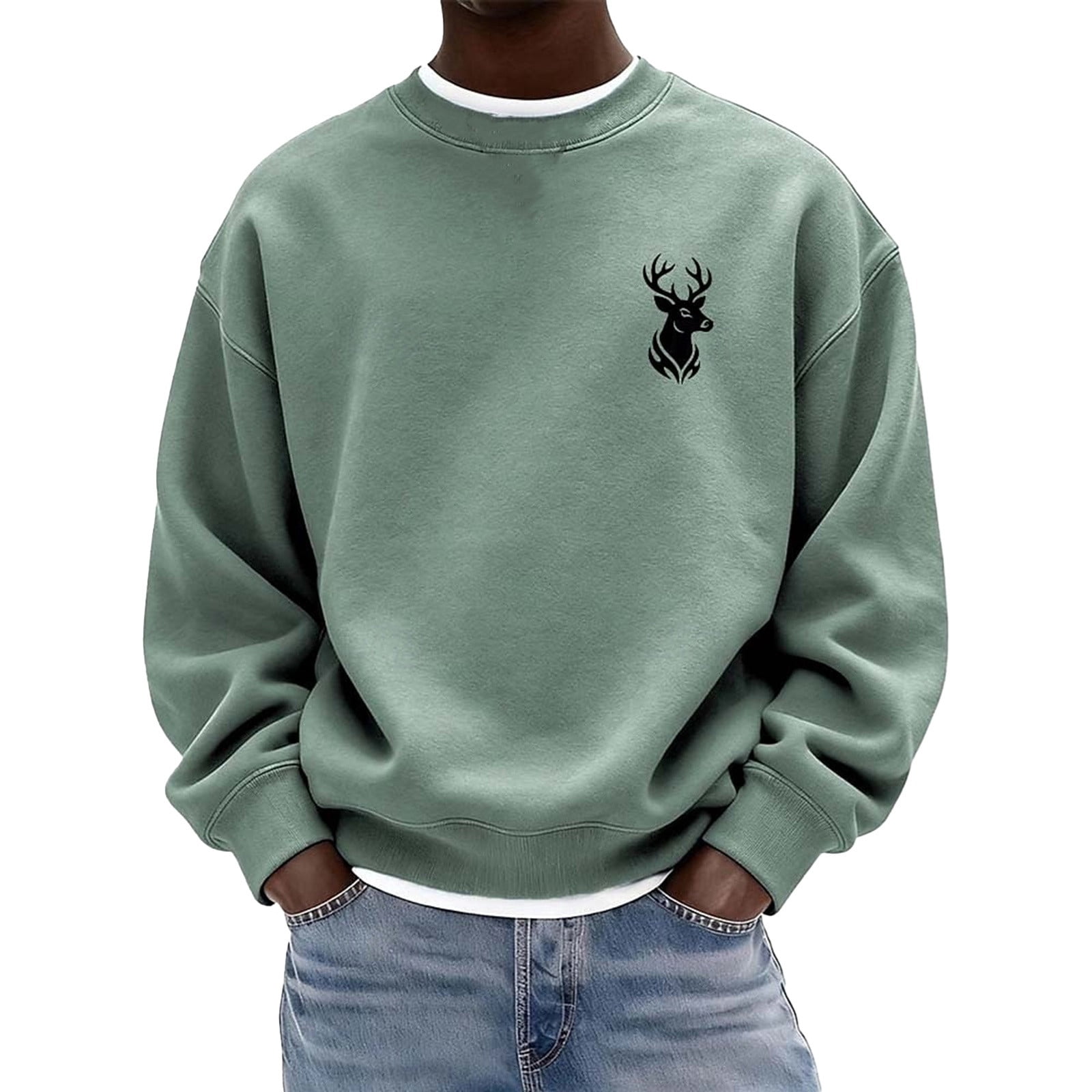 Norvella Mens Stag Graphic Pullover Deer Head Print Round Neck Long ...