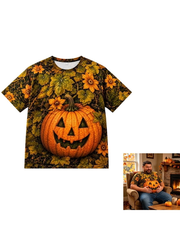 Mens Vintage Halloween Jack O Lantern T Shirt Pumpkin Floral Graphic Crew Neck Short Sleeve Regular Fit Casual Tee Party Top