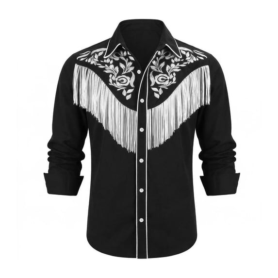 Norvella Mens Western Shirt Floral Yoke Fringe Design Collared Long ...