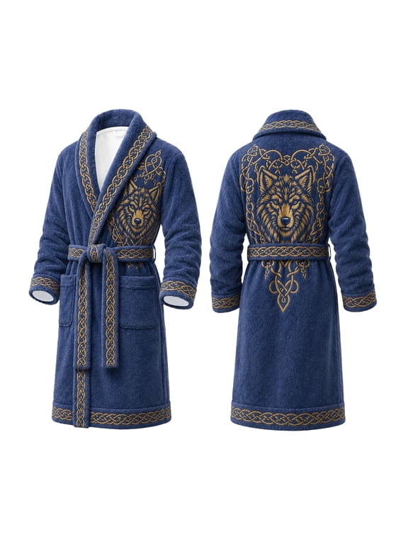Mens Wolf Bathrobe Celtic Knot Graphic Shawl Collar Long Sleeve Tie Waist Front Pockets Calf Length Dressing Gown