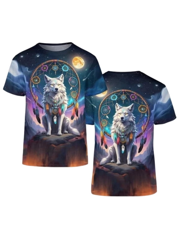 Mens Wolf Print T Shirt Crew Neck Short Sleeve Casual Everyday Tee Front And Back Design Relaxed Fit Summer Fashion Top