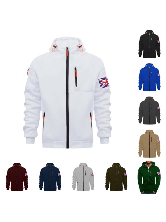 Mens Zip Front Sweatshirt Stand Collar Jacket Union Jack Sleeve Patch Long Sleeve Chest Pocket Casual Outerwear