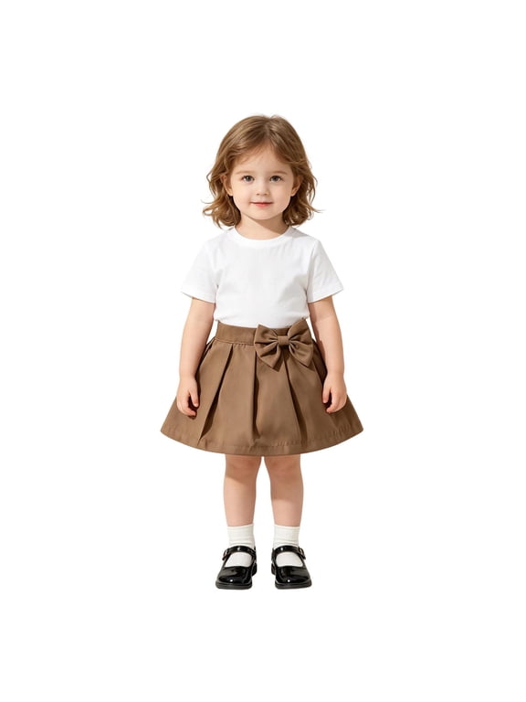 Toddler Girls Pleated Skirt Solid Large Front Bow Wide Waistband Short A Line Cut Ribbon Waist Detail Casual Bottoms