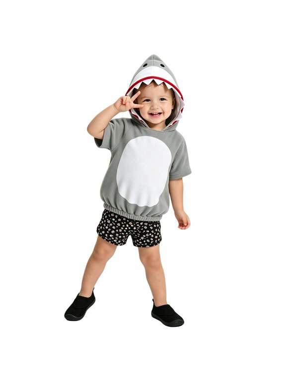 Toddler Kid Halloween Hoodie Shark Face With Teeth Trim Short Sleeve Top Elasticated Hem Contrast Belly Animal Costume