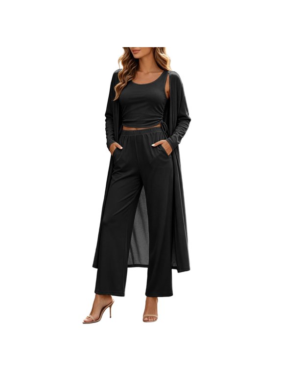 Womens 3 Piece Outfit Solid Cropped Tank Open Cardigan Wide Leg Pants Matching Set Long Sleeve Duster Waist Tie Lounge Suit