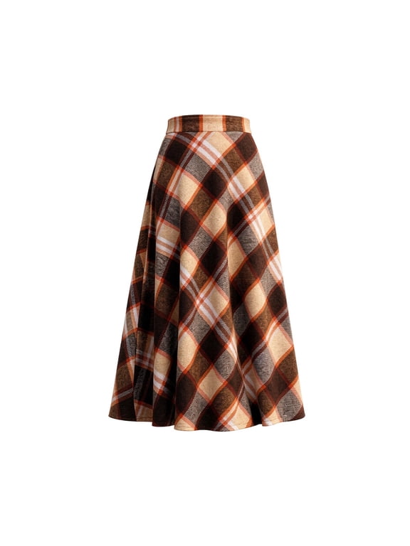 Womens A Line Skirt Plaid Pattern Elastic High Waist Flared Hem Below Knee Midi Length Pull On Casual Office Bottoms