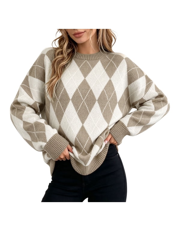 Womens Argyle Sweater Diamond Pattern Crew Neck Long Sleeve Drop Shoulder Pullover Ribbed Cuffs And Hem Relaxed Fit Top
