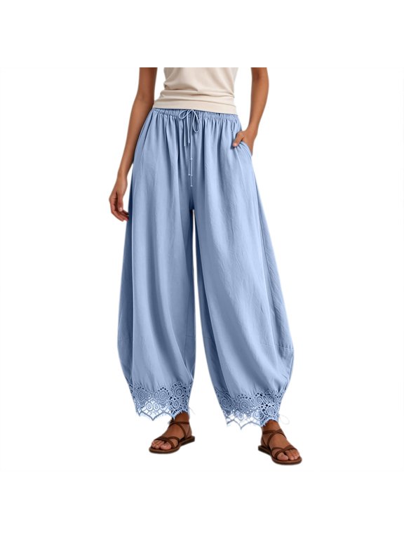 Womens Balloon Leg Pants Solid Lace Hem Drawstring Waist Loose Harem Trousers Side Pockets Ankle Length Summer Bottoms