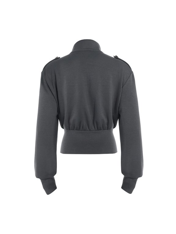 Womens Band Style Bomber Jacket Stand Collar Long Sleeve Full Zip Decorative Buttons Coat Ribbed Casual Top