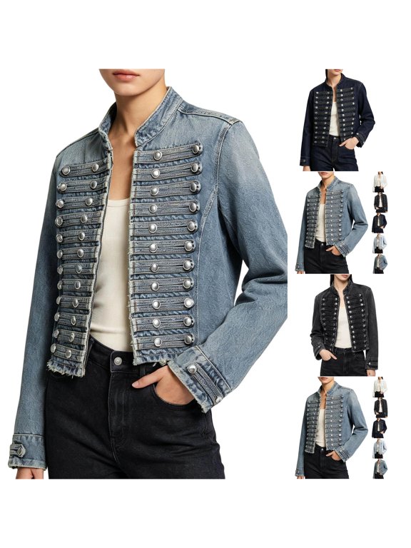 Womens Band Style Jacket Stand Collar Long Sleeve Braided Decorative Buttons Coat Cropped Length Casual Layering Top