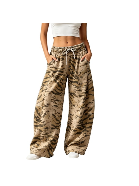Womens Barrel Leg Pants Tiger Stripe Print Side Pockets Trousers Drawstring Waist Loose Fit Full Length Bottoms