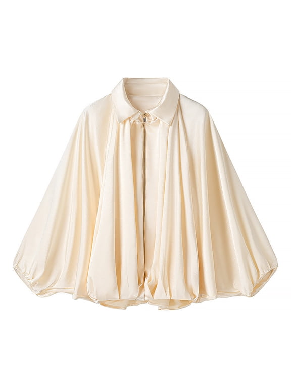 Womens Batwing Jacket Solid Collared Zip Front Long Sleeve Coat Gathered Back Elastic Flared Hem Casual Cape Top