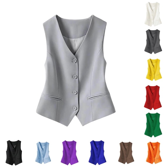 Norvella Womens Button Front Suit Vests V Neck Sleeveless Pocket Tailored Fit Waistcoat Tops Business Casual Layering Pieces