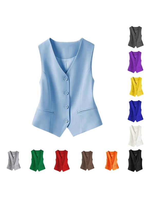 Womens Button Front Suit Vests V Neck Sleeveless Pocket Tailored Fit Waistcoat Tops Business Casual Layering Pieces