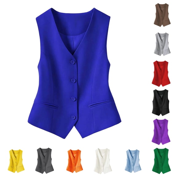 Norvella Womens Button Front Suit Vests V Neck Sleeveless Pocket Tailored Fit Waistcoat Tops Business Casual Layering Pieces