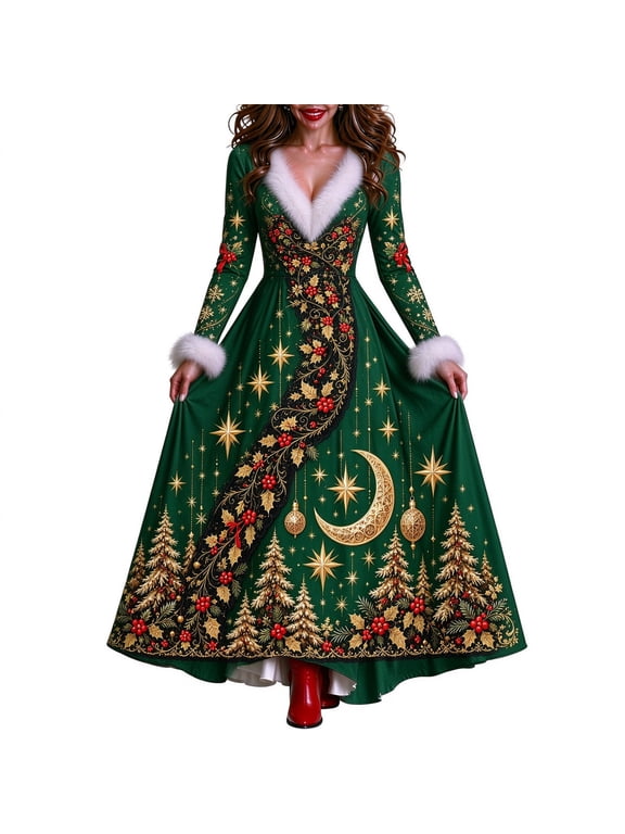 Womens Celestial Dress Moon Star Print V Neck Long Sleeve Fuzzy Neckline and Fitted Waist Flared Maxi Hem Gown