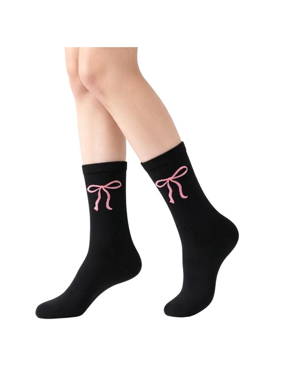 Womens Cherry Bow Socks Ribbed Cuffs Mid Calf Dress Socks With Small Fruit Motif Everyday Casual Knit Hosiery