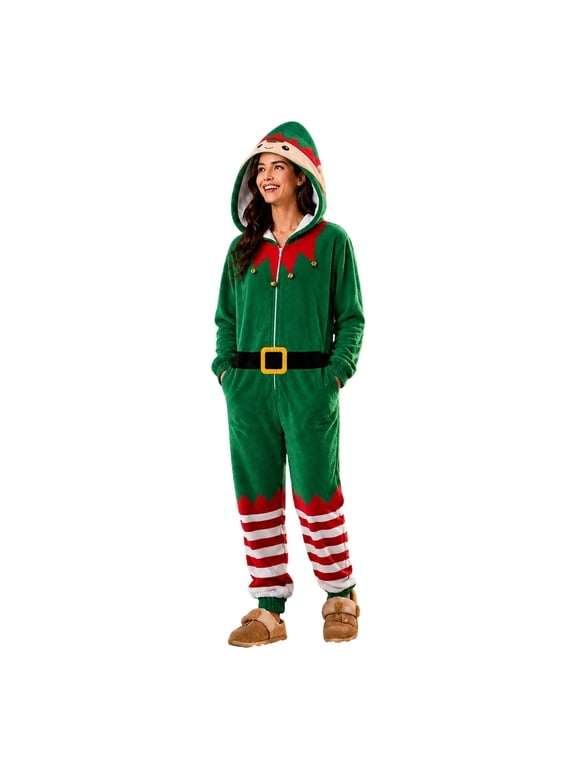 Norvella Womens Christmas Jumpsuit Elf Hood Striped Legs Zip Front Long Sleeve Pajamas Belt Graphic Side Pockets One Piece Sleepwear