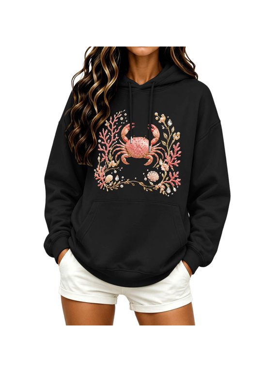Womens Crab Hoodie Seaweed Graphic Long Sleeve Drawstring Hooded Sweatshirt Kangaroo Pocket Beach Casual Pullover Top