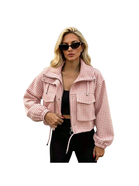 Womens Cropped Cargo Jacket Gingham Print Stand Collar Zip Front Coat Flap Pockets Long Sleeve Drawstring Hem Casual Top