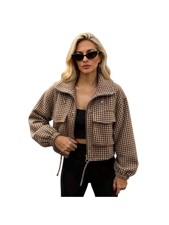Womens Cropped Coat Houndstooth Pattern Stand Collar Jacket Zip Snap Closure Flap Pockets Drawcord Hem Elastic Top