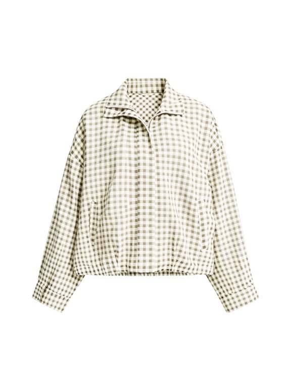 Womens Cropped Jacket Gingham Check Pattern Stand Collar Full Zip Long Sleeve Elastic Hem Drop Shoulder Casual Blouson Top