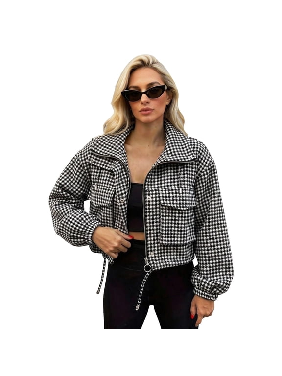 Womens Cropped Jacket Gingham Check Pattern Zip Front Coat Drawstring Collar Cargo Flap Pockets Balloon Sleeve Casual Top