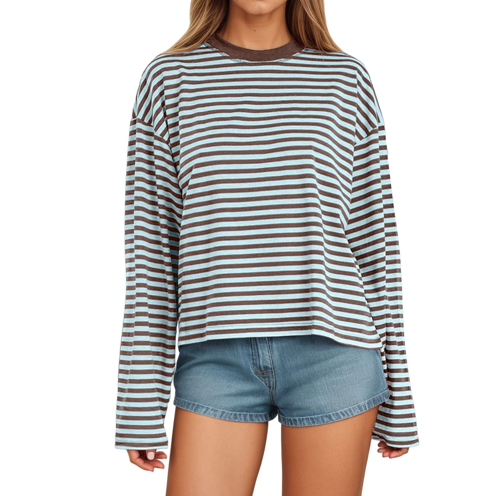 Norvella Womens Cropped T Shirt Stripe Design Long Sleeve Tee Contrast ...