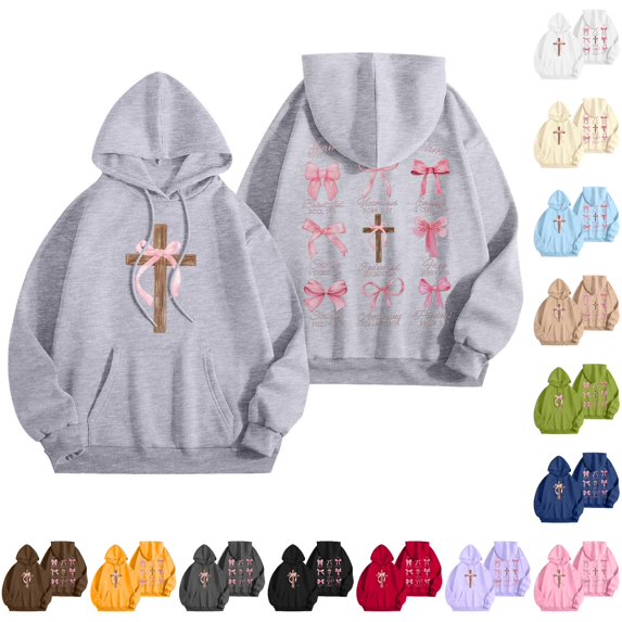 Norvella Womens Cross Bow Print Hoodies Oversized Long Sleeve Hooded Sweatshirt Front Pocket Loose Fit Ribbed Pullover Top