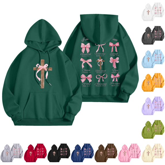 Norvella Womens Cross Bow Print Hoodies Oversized Long Sleeve Hooded Sweatshirt Front Pocket Loose Fit Ribbed Pullover Top
