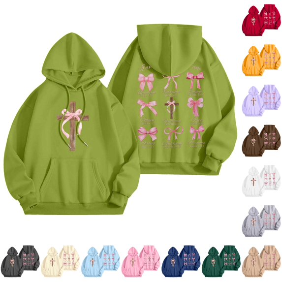Norvella Womens Cross Bow Print Hoodies Oversized Long Sleeve Hooded Sweatshirt Front Pocket Loose Fit Ribbed Pullover Top