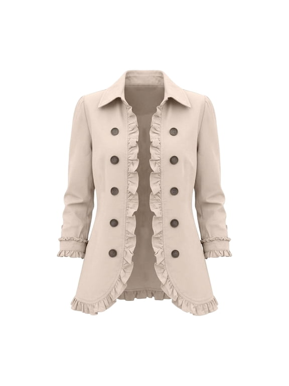 Womens Double Cardigan Solid Ruffled Edge Long Sleeve Jacket Collared Open Front Curved Ruffle Hem Blazer
