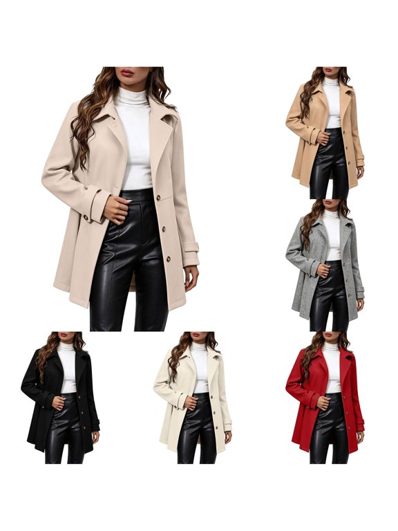 Womens Double Coat Notch Neck Long Sleeve Button Front Tabs Jacket Mid Length Casual Layering Top