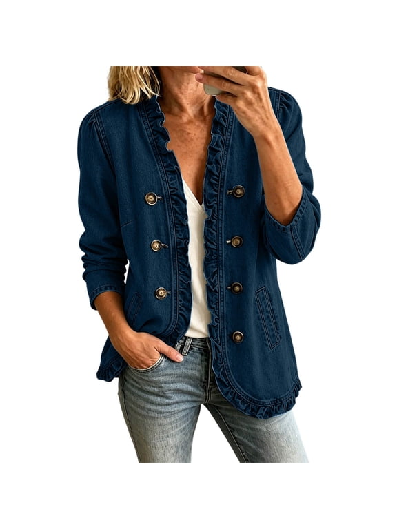 Womens Double Jacket Solid Ruffled Edge Long Sleeve Shacket Open Neck Decorative Buttons Curved Hem Blazer