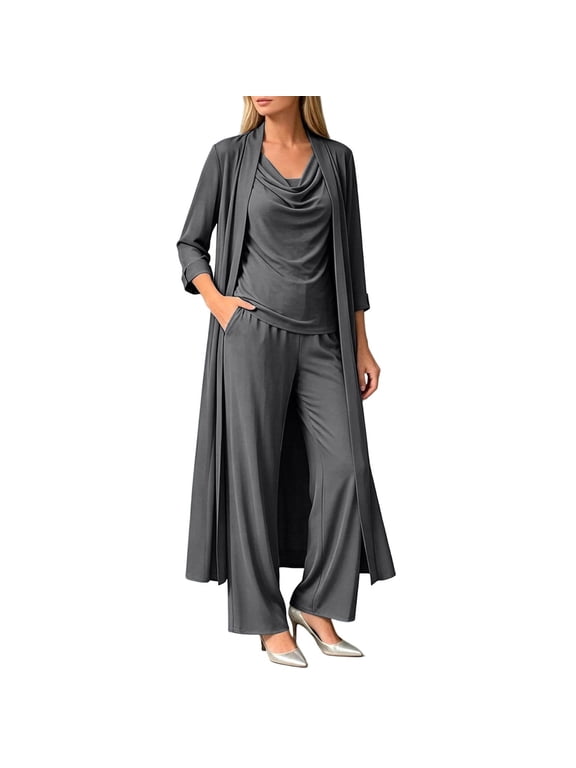 Womens Draped Pant Suit Solid 3 Piece Cowl Neck Top Long Open Cardigan Wide Leg Trousers Elastic Waist Dressy Outfit