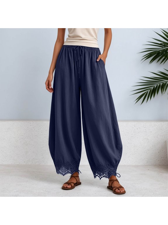Womens Solid Color Casual Trousers Pull On Style Elastic Waist Curved Leg Ankle Length Lace Hem Relaxed Fit Barrel Pants Bottoms