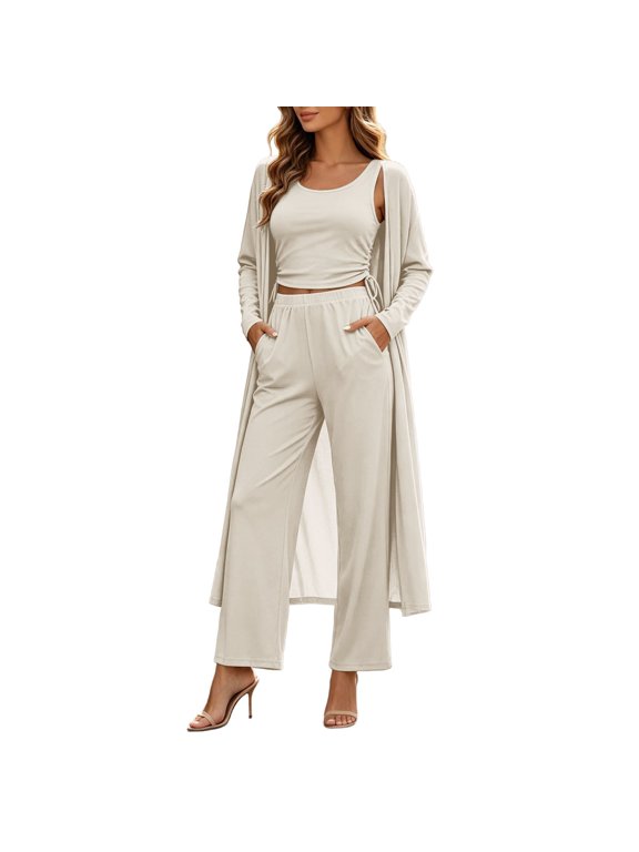 Womens Duster Lounge Set Solid 3 Piece Cropped Camisole Long Sleeve Open Cardigan Elastic Waist Wide Leg Pants Casual Outfit