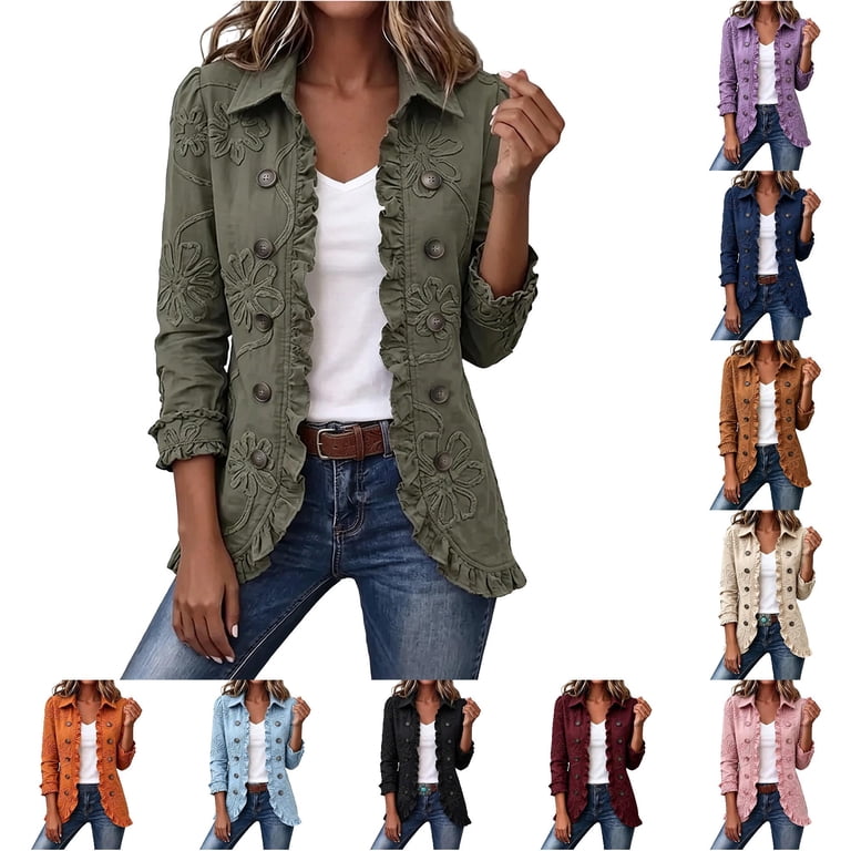 Norvella Womens Floral Applique Jacket Button Front Collared Long ...